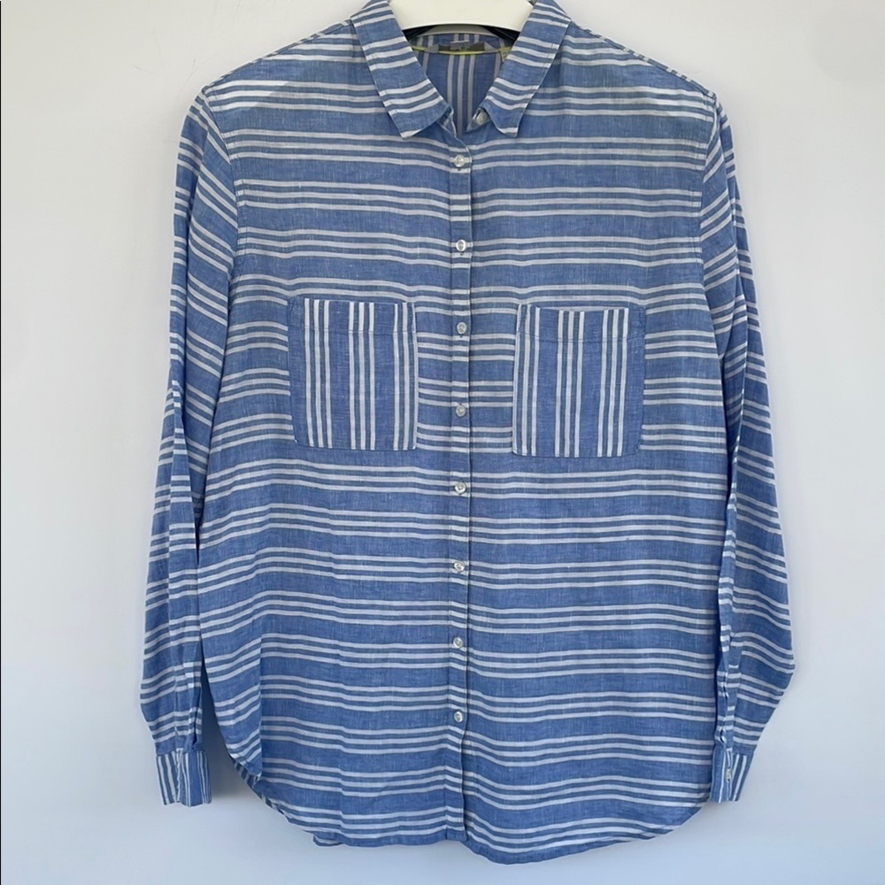 Boden Women’s Blue and White Striped Casual Linen Shirt Size 12